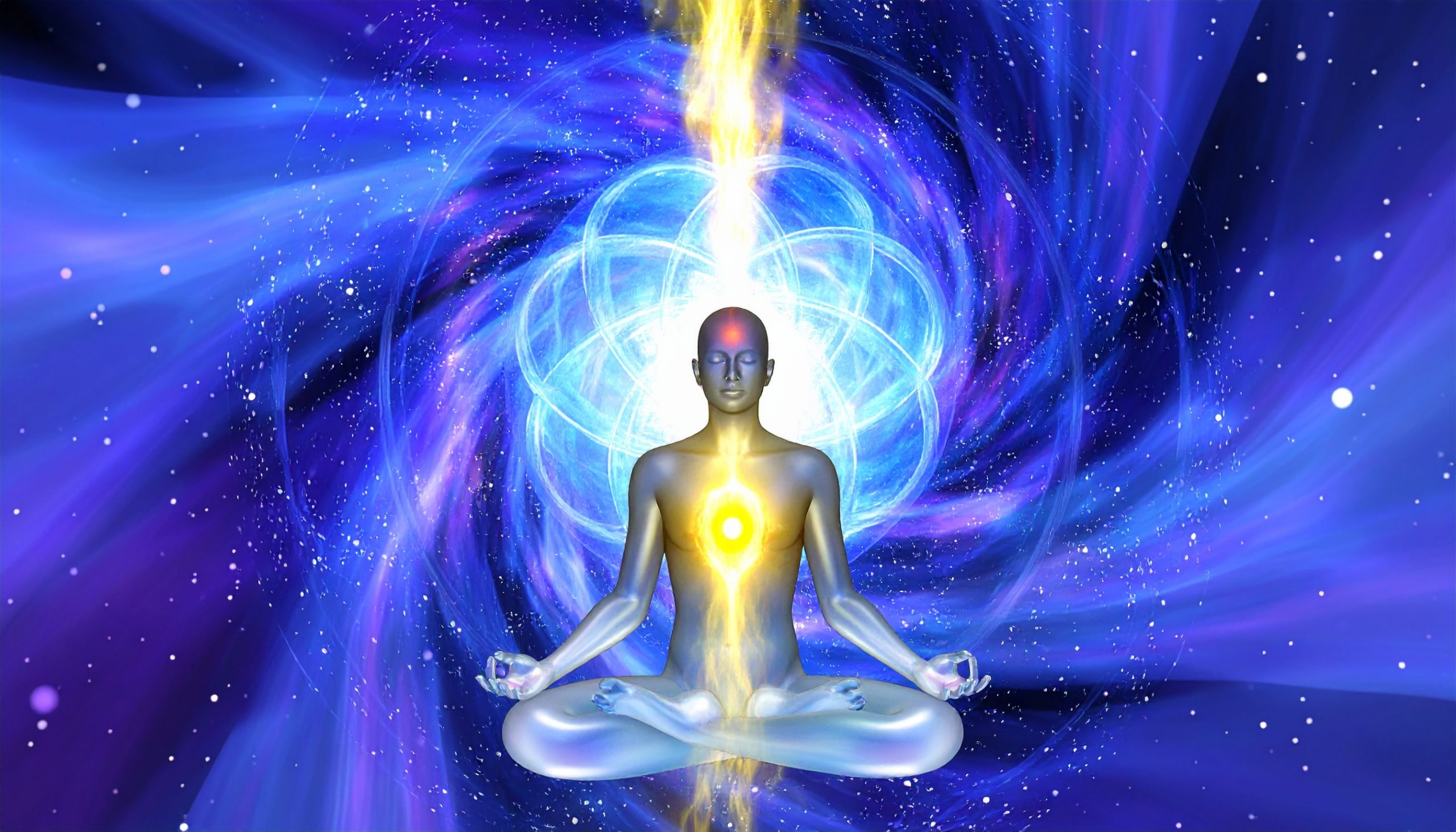 „Meditierende Person in Lotus-Sitzhaltung, umgeben von leuchtender Energie und kosmischen Lichtströmen, Symbol für Spiritualität, Chakren und feinstoffliche Energiearbeit.“