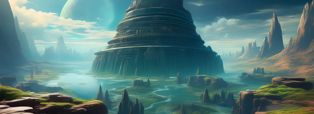 Fantastische Landschaft mit einem monumentalen, terrassenartigen Turm inmitten grüner Wasserläufe und bizarrer Felsformationen – symbolisch für fremde Zivilisationen, uraltes Wissen und mystische Welten.