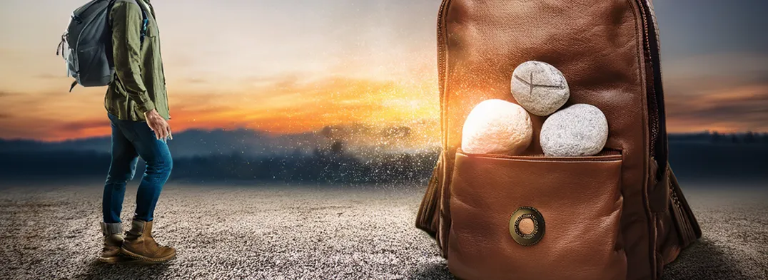 Person mit Wanderrucksack steht auf einem Weg bei Sonnenuntergang, während im Vordergrund ein geöffneter Rucksack mit großen Steinen sichtbar ist – symbolisch für emotionale oder mentale Last auf dem Lebensweg.