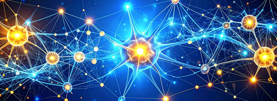 Abstrakte Illustration eines neuronalen Netzwerks mit leuchtenden Synapsen und Verbindungen, Symbol für Gehirnaktivität und neuronale Kommunikation.
