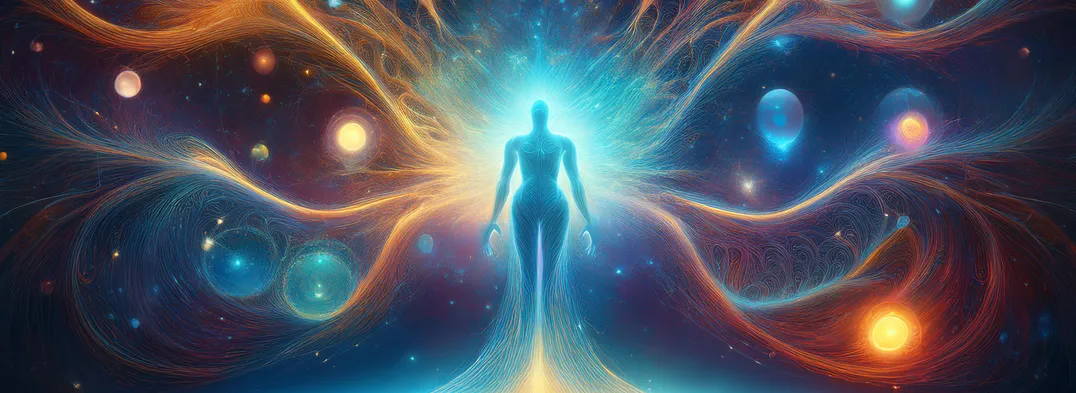 Symbolische Darstellung eines leuchtenden menschlichen Wesens im Zentrum eines kosmischen Energiefeldes – Sinnbild für Bewusstsein, Transformation und die Verbindung zwischen Mensch und Universum.